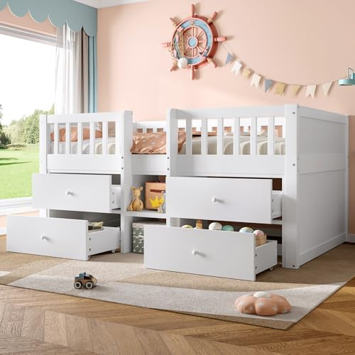 RIAZOS Loft Bed with Storage, Solid Wood Bed Frame with Drawer Storage, 3ft Single Bed with Guardrail, Saving-space Design for Bedroom, for Children Boys Girls, White (No Mattress)