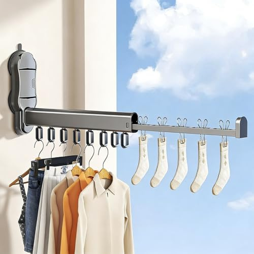 wiksite Wall Mounted Clothes Airer, No-Drill Suction Cup Drying Rack with Extendable Rod, 90° Foldable Laundry Drying Rack for Balcony & Bathroom, Heavy Duty 10kg Load Capacity