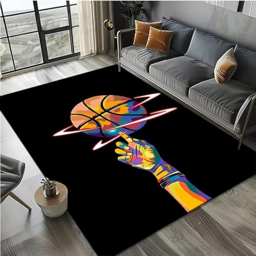 SOJAWA Kreativer Basketball Teppich 70x140cm mit Farbigem Kunst Motiv - Rutschfester Wohnzimmerteppich für Kinderzimmer Jugendzimmer, Waschbarer Strapazierfähiger Dekoteppich