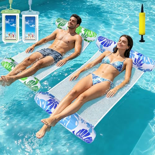 2 Pcs Inflatable Pool Floats Adult Size Water Hammock, 4-in-1 Water Hammock with 2 Waterproof Mobile Phone Bag, Enjoy Pool Float Water Hammocks for Swimming Pool Party Summer Lake Water Fun Beach