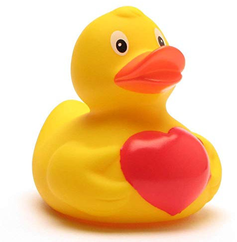 Duckshop I Badeente Valentinstag I Quietscheente mit Herz I L: 7,5 cm I inkl. Quietscheentchen-Schlüsselanhänger im Set I Geschenk für Verliebte