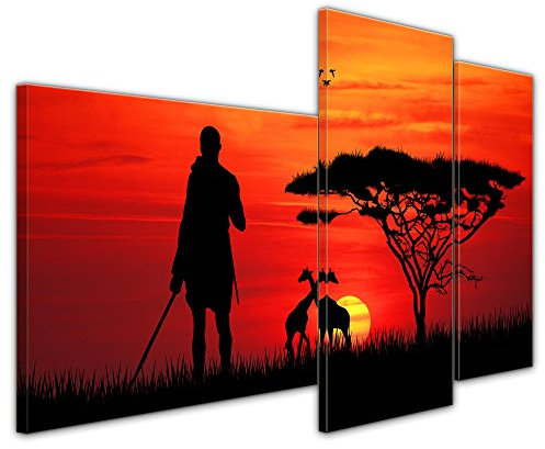 Bilderdepot24 Wandbild Silhouette - Massai im Sonnenuntergang - 130x80 cm quer mehrteilig Leinwandbilder Bilder als Leinwanddruck Fotoleinwand Urban & Graphic - Afrika - Krieger im Abendrot