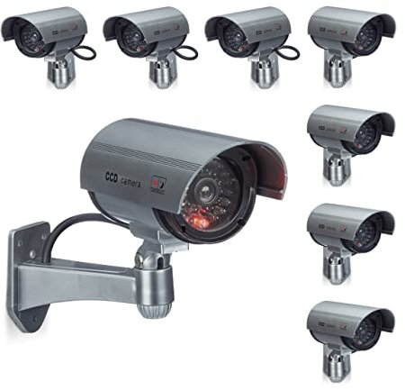 Relaxdays 8 x Dummy Kamera im Sicherheits Set, CCD Kamera mit LED, schwenkbare Sicherheitskamera, für außen und innen, drahtlos