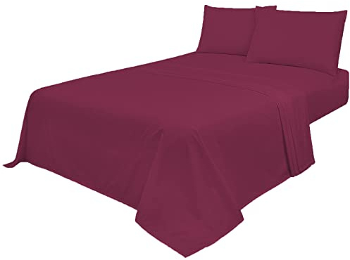 Voice7 Non Iron Wine 3pc Sheets Set (Fitted Sheet + Flat Sheet + One Pillow Case) Percale Super Poly Cotton Bedding Sets (Wine, Single)