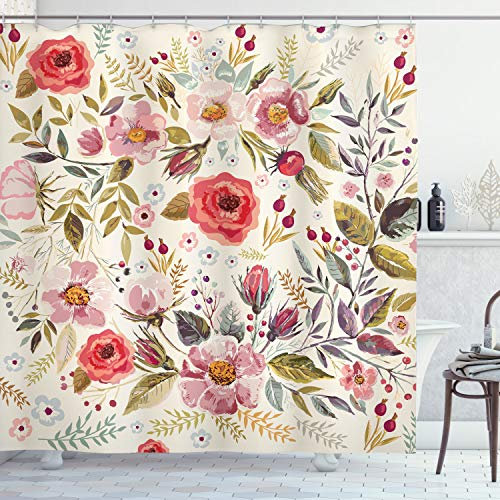 ABAKUHAUS Bunt Duschvorhang, Abstrakte Blumen Rosen, Stoffliches Gewebe Badezimmerdekorationsset mit Haken, 175 x 220 cm, Korellenrot Rosa