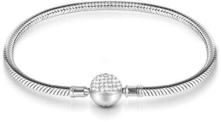 Gnoce Sterling Silber Basic Charm Armband Zierlicher Armreif mit Kristallrand Verschluss Armbänder Damen DIY Schlangenkette 18K Rosegold plattiert Liebenswerte Geschenke für Sie (Silber, 19)