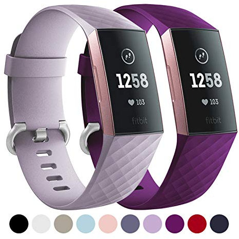 Faliogo 2 Stück Ersatzriemen Kompatibel mit Fitbit Charge 3 Armband/Fitbit Charge 4 Armband, Weiches Sports Uhrenarmband Armbänder für Damen Männer, Klein, Lavendel/Pflaume