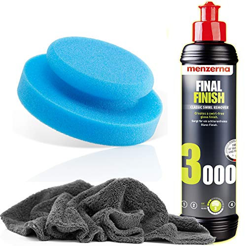 detailmate manuelles Finish Auto Set - Menzerna Final Finish, 250ml + Made in Germany Polierschwamm Ø130mm + ultraflausch Mikrofaser Poliertuch 550GSM + 1 Schutzhandschuh