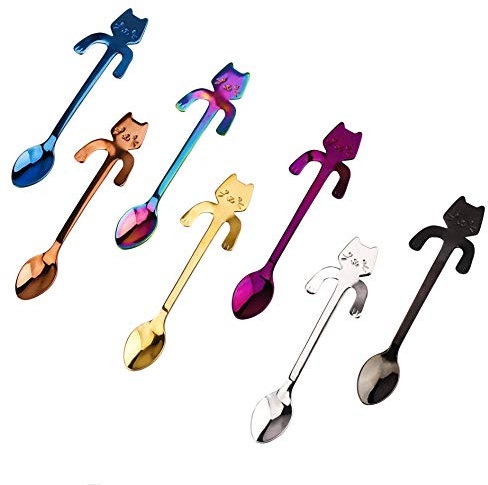 Cucharas de Café de Acero Inoxidable Diseño de Forma de Gato Cucharitas Lindo Cuchara de Postre Ideales para Café, Postres, Bebidas, Mezclar o Batidos 7 Piezas (Multicolor)