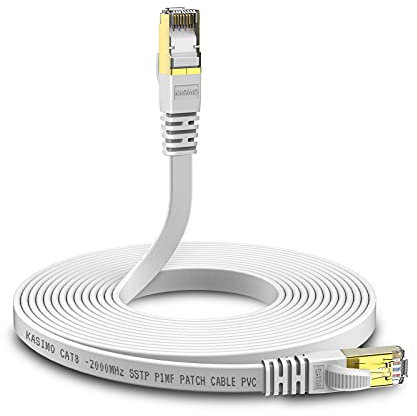 KASIMO Cable Ethernet de Red Cat 8, Cable Internet Plano 40 Gbps / 2000 MHz, SFTP Cable LAN Con Conector RJ45 Enchapado en Oro – 0,5m Blanco