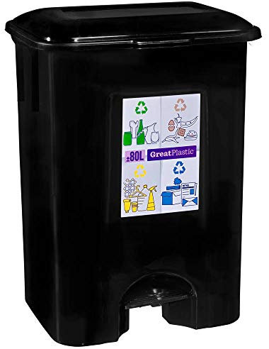 COM-FORT HOUSE | Cubo de Basura con Pedal | Capacidad de 80 litros | Cubo Reciclaje | Color Negro | Cubo de Basura Orgánico Cocina | 1 unidad | Piezas Extraíbles | Limpieza Fácil | con ruedas