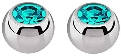 2X Titan Piercing Schmuck Verschluss Kugel in 1,2 x 4 mm, gefaßter Zirkonia in grün-türkis