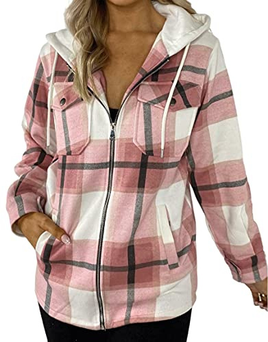 Rais - Giacca con cappuccio in pile a quadri, oversize, da donna, casual, per l'inverno, rosa, 12-14