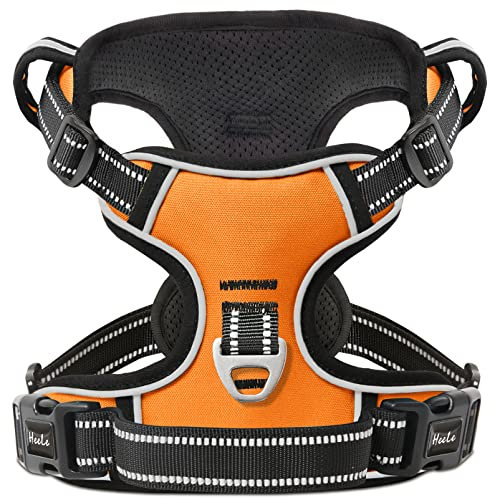 HEELE Hundegeschirr, Zugentlastung, reflektierend, mit gepolstertem Griff, Kontrolle, 2 Metallringe, Geschirr für kleine mittelgroße und große Hunde, Orange, S