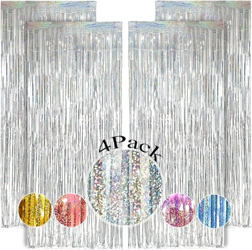 Rideau Métallique de Frange Argenté 1x2.5m - 4Pcs Rideau Frange Argenté, Rideau Paillette Anniversaire pour Noel Decoration Disco Rideau Brillant Fête