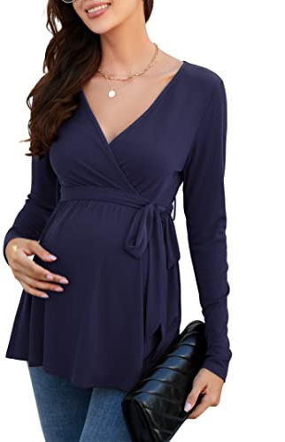 KOJOOIN Chemise d'allaitement pour Femme Chemise De Maternité Col en V À Manches Longues Hauts d'allaitement avec Ceinture Vêtements De Maternité