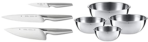 WMF Chef's Edition Messerset 3teilig Made in Germany, 3 Messer geschmiedet, Küchenmesser, Holzbox & Schüssel-Set Gourmet für die Küche 4-teilig Edelstahl Cromargan Multifunktional