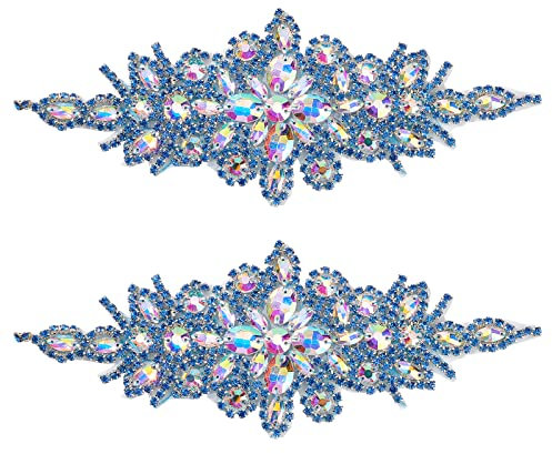 FINGERINSPIRE Parches apliques diamantes imitación (zafiro, 240x95mm) brillantes color AB, parches para planchar con cristales flores, cinturón vestir adorno, cinturón boda para mujer, vestido novia