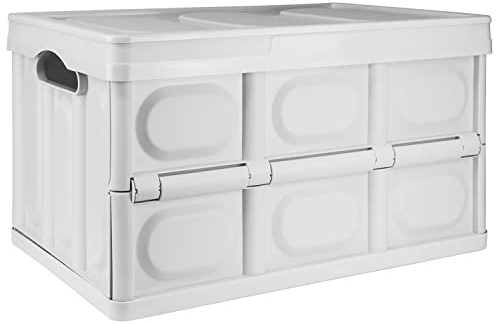 TekBox 56L White Storage Box with Lid Folding Stackable Crate Tub (1) | Measures 53cm x 36cm x 29.5cm, Collapses down to 7cm, Made from lightweight plastic