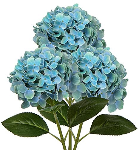 3 hortensias artificiales decorativas azules con tallo de 63 cm de largo, hortensias de seda de tacto real para el hogar, hotel, oficina, boda, decoración de novia, arreglos florales