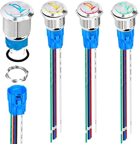 MKBKLLJY 4Stück 16mm Montageloch Erhöhte Lautsprecher Hupe Taster Schalter DC 5A 12V Blau Rot LED Licht Silber Edelstahl Gehäuse 1NO1NC SPDT mit Kabel Buchse Stecker für Auto Marine Boot