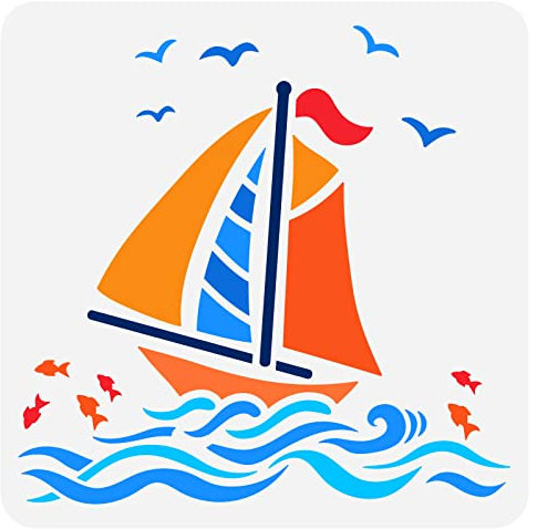 FINGERINSPIRE Nautische Segelboot Schablone 30x30cm Ausgehöhlte Möwen Meeresfische Schablone, Wiederverwendbar Meerwasser Wellenschablone Boot Zeichenschablone Für DIY Fotoalbum, Mauer, Segeltuch