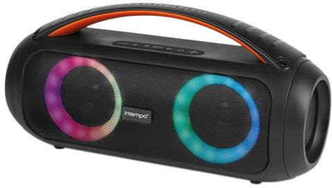Intempo EE7508BLKSTKEU7 Bluetooth Boombox Speaker – LED Colour Changing Lights, Portable Carry Handle, Control Panel, Hands Free Calling, Stereo Sound, Wireless, Rechargeable Battery, 6 Hours Playtime