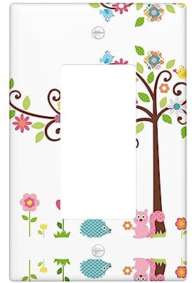 Bonito interruptor de luz decorativo de búho, árbol, flores y ardillas, placa de pared para interruptor de luz, atenuador, receptáculo