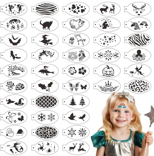 OOTSR 42 Stk Wiederverwendbare Schablonen für Kinder Erwachsene, Tattoo-Schablonen für Gesicht und Körper, Kreativität Tattoo Schablone für Halloween Schminke Partys