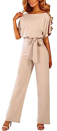 amropi Damen Kurzarm O-Ausschnitt Elegant Lang Jumpsuit Overall Hosenanzug Playsuit Romper Beige,XL