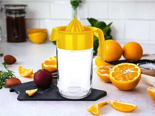 Glass Jar Manual Hand Juicer Citrus Lime Orange Lemon Fruit Press Squeezer Strainer Maker Extractor Fresh Juice filter Healthy Kitchen Gadget Practical Non Slip No Electricity No Noise 660ml (Yellow)