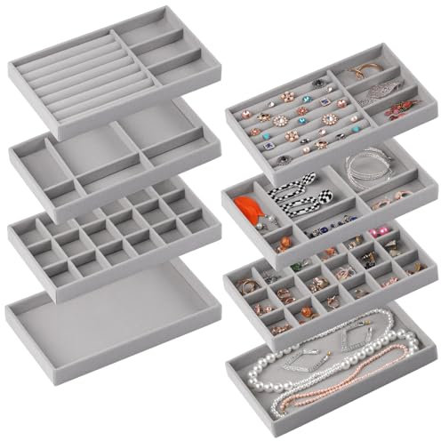 CDBOVID Set mit 8 stapelbaren Schmuck-Organizern, stapelbare Tabletts für Schubladen, Schmuck-Schubladeneinsätze, Behälter, Vitrine, Aufbewahrung für Ohrringe, Halsketten, Ringe, Armbänder, mit