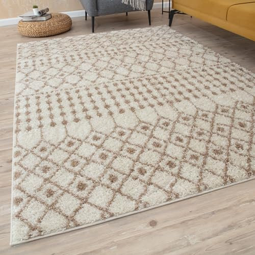 THE RUGS Modern Moroccan Design Living Room and Bedroom Rugs, Non-Shedding & Easy Care (Moroccan Ivory/Beige, 120 cm Square)