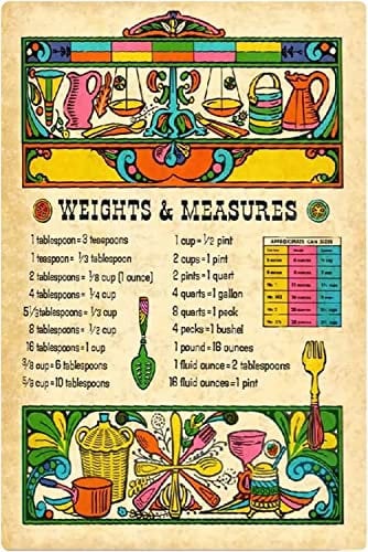 FJQWKLF Kitchen Weights Measures Metal Signs Cooking Food Measurement Chart Posters Home Kitchen Wall Decor Chef Cooking Enthusiast Learning Plaque 8x12 Inches