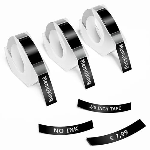 Embossing Label Tape 3/8 (9mm) Compatible with Vixic Omega S, Phomemo, Goknu, Dymo Omega, DYMO Junior, LabelCenter, Embossed Label Maker E975, Plastic Self-Adhesive Embossing Labels, 3 Pack (Black)