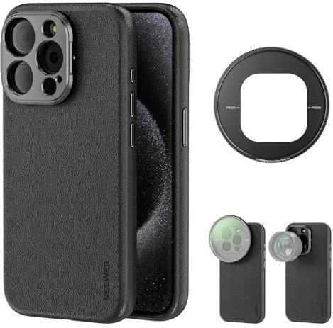 NEEWER 15 Pro Handyhülle Handy Case kompatibel mit iPhone 15 Pro, robuste TPU + PC Schutzhülle mit 17mm Objektiv Backplate 67mm Filter Adapter, rutschfestes Kunstleder, für MagSafe, PA053 Schwarz