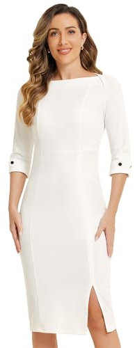 Allegra K Women's Elegant Boat Neck 3/4 Sleeves Midi Split Sheath Dress White XL