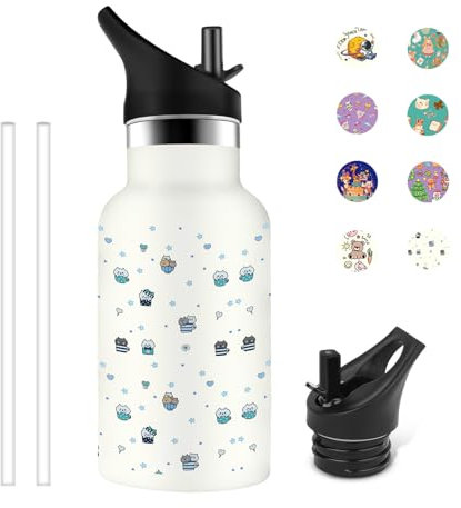 Grsta Trinkflasche Kinder, 350ml Trinkflasche Edelstahl, Trinkflasche Kindergarten BPA-freie, Trinkflasche Metall mit Strohhalm, Thermosflasche Geeignet für Jungen und Mädchen, Weiß-Kätzchen
