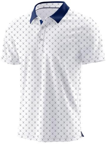 QIXING Summer Mens Golf Polo Shirts Moisture Wicking Printed Short Sleeve Quick Dry Polo T Shirts for Men Casual Golf Tops (White Golf Clubs, L)