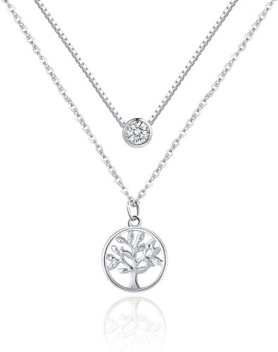 E Jewelry Damen Lebensbaum Halskette 925 Sterling Silber Baum des Lebens Damen Kette Doppel 16 Halskette mit Runden Anhänger 40CM