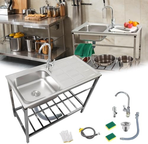 Fregadero De Cocina Comercial Fregadero Acero Inoxidable Con Grifo Fregadero Jardin Exterior Duradero Fregaderos Industriales Con Banco De Trabajo Y Estantes De Almacenamiento(75x40xH75cm)