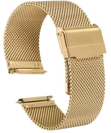 QUARKZMAN Uhrenarmband Mesh Edelstahl 20 mm Ersatz Metall Armband Edelstahlarmband mit Schnellverschluss Uhrenarmbänder Ersatzband Verstellbarer Gütelschnalle für Damen Herren, Gold