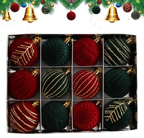 12 Stück Samt-Weihnachtskugel-Ornamente, Weihnachtskugeln, Weihnachtsdekorationskugel, 2,36 Zoll Rot-Grüne Weihnachtsbaumkugeln, Für Weihnachtsfeier, Urlaub