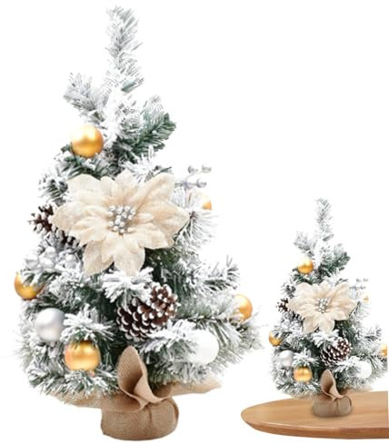 Mini alberi di Natale floccati con fiore 40 cm piccolo albero di Natale con base in legno artificiale da tavolo decorazioni per albero di Natale stile 1