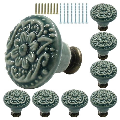 Murtenze Lot de 8 boutons décoratifs en céramique verte vintage pour meubles, placards, placards et portes de cuisine