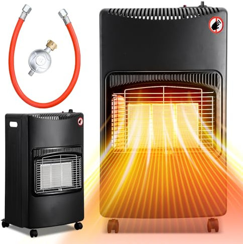 Izrielar Gasheizer 4200 Watt Gasheizofen Gas Heizstrahler inkl. Gasdruckregler Gasschlauch, mit 3 Schutzvorrichtungen Gasheizgerät, Butan- oder Propangasflaschen Schwarz