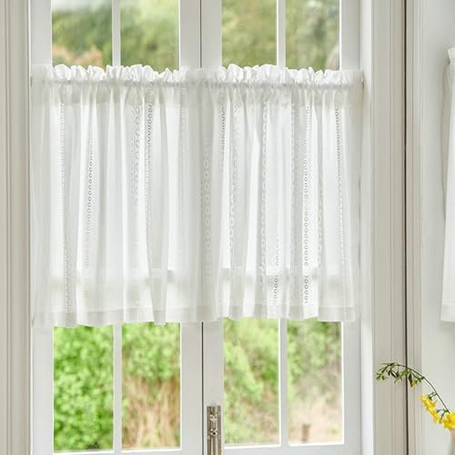 ANAZOZ Scheibengardinen 300x120 cm, Bistrogardine Halbtransparent Einfarbig Weiß mit Geometrischem Muster, Gardine Vorhang Stangendurchzug