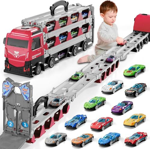 Doloowee Katapulttriebwagen für Kinder Ab 3 Jahre - Tragbare Transport LKW Mit 12 Mini-Rennwagen, Autotransporter für Jungen 3-7 Jahre (Rot)