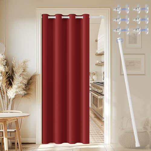 JCyh blickdichter Türvorhang mit Teleskopstange, einfache Montage ohne Bohren, 1 Stück Verdunkelungsvorhang Weihnachtsstern H 195 x B 132 cm für Zimmer tür, Stange Weiß 70-125 cm