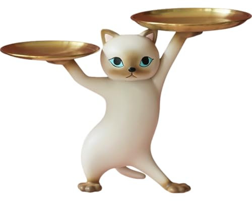 Fr.Gui Elegante Katzenfigur Schlüsselschale für tischdeko - Skulptur Deko für Büro deko - deko Flur - Praktische Ablage für Schlüssel, Schmuck und Kleinigkeiten - Geschenk für Katzenliebhaber (Grau)